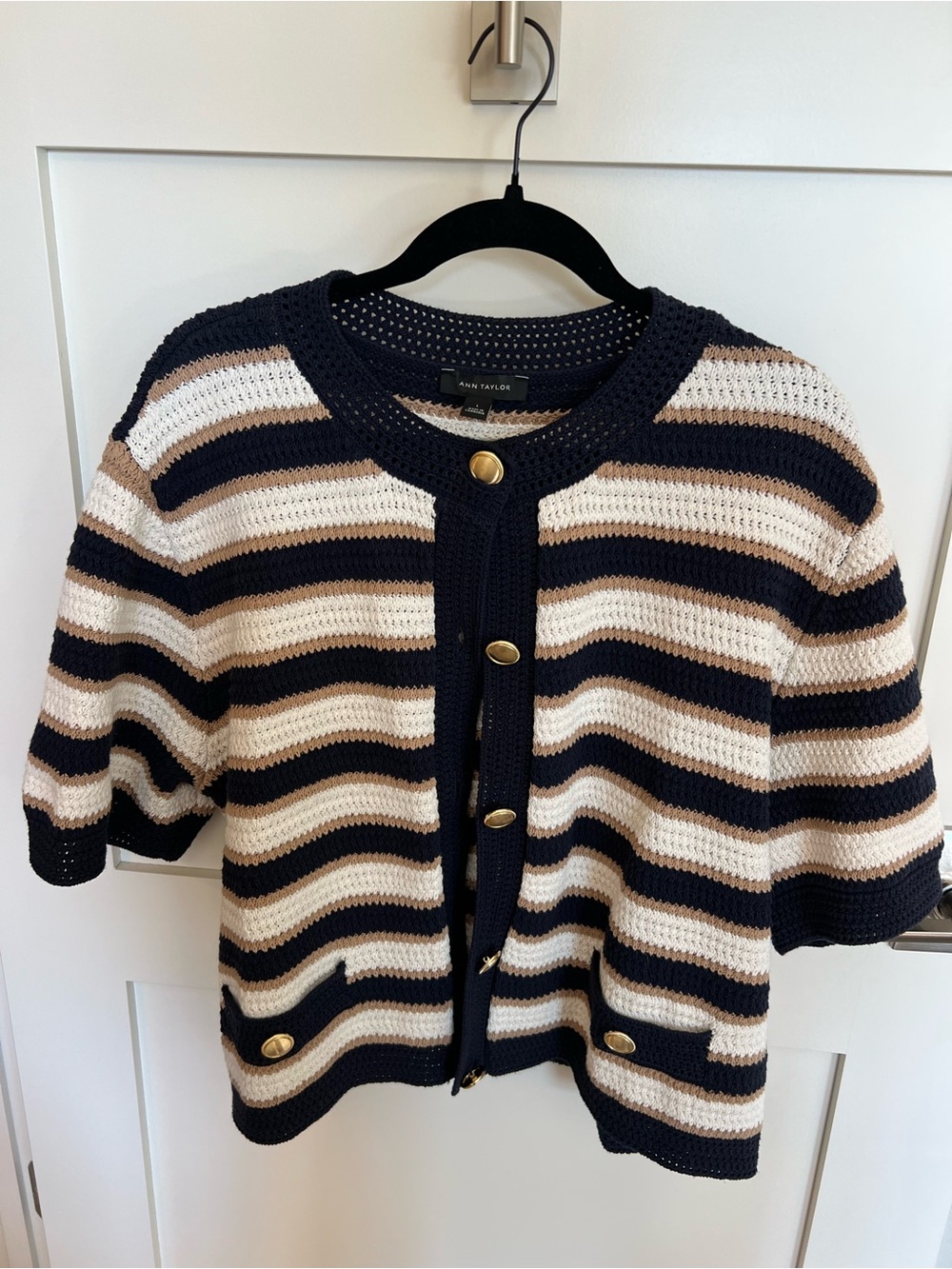 Ann Taylor Navy, Cream & Tan Striped Knit Cardigan Sweater - New & Never Worn!